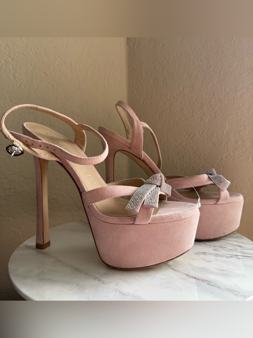 Stuart Weitzman Mega Bow Platform Heels Sandals Ankle Strap Pink suede Size 7B